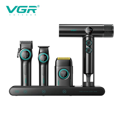 Tondeuse professionnelle VGR – Tondeuse électrique pour hommes 4-en-1, moteur BLDC 9000 RPM, rasoir et sèche-cheveux avec réglage progressif.