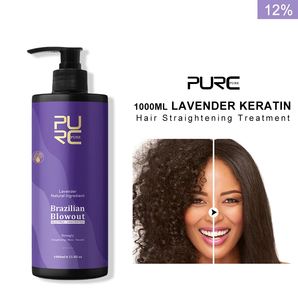 PURC Crème Lissante pour Cheveux Bouclés – Traitement à la Kératine Brésilienne Professionnel 12% à la Lavande, Soin Lissant et Nourrissant pour Salon