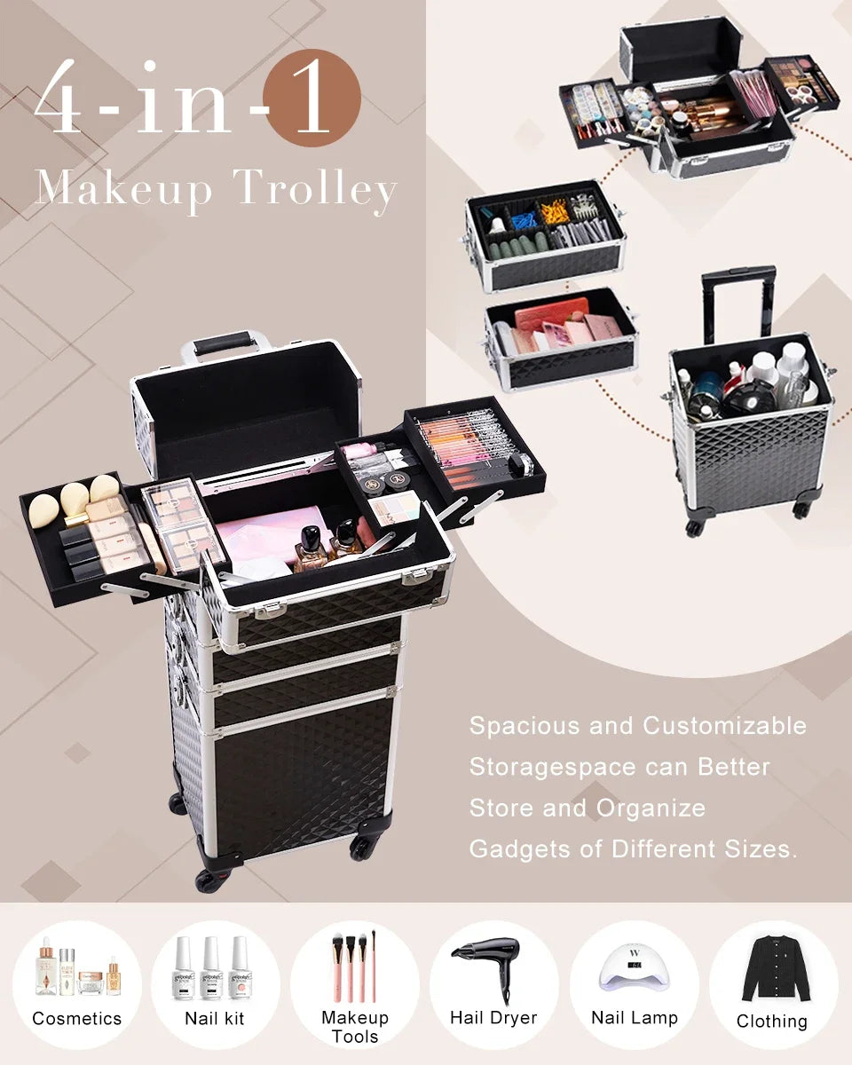 Valise maquillage 4-en-1 détachable en alliage, mallette professionnelle sur roulettes avec verrou, idéale pour le maquillage, la manucure et le rangement en grand volume.