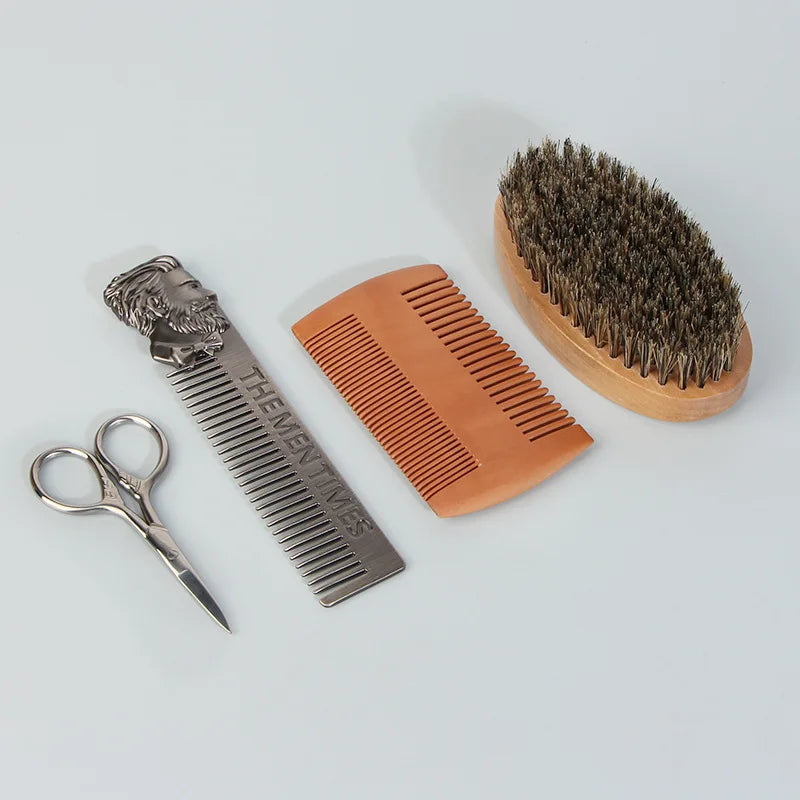 🧔✨ Kit de soin barbe 5 pièces – Brosse en poils de sanglier, peigne double face en bois, ciseaux, peigne coiffant, outils pro pour une barbe impeccable