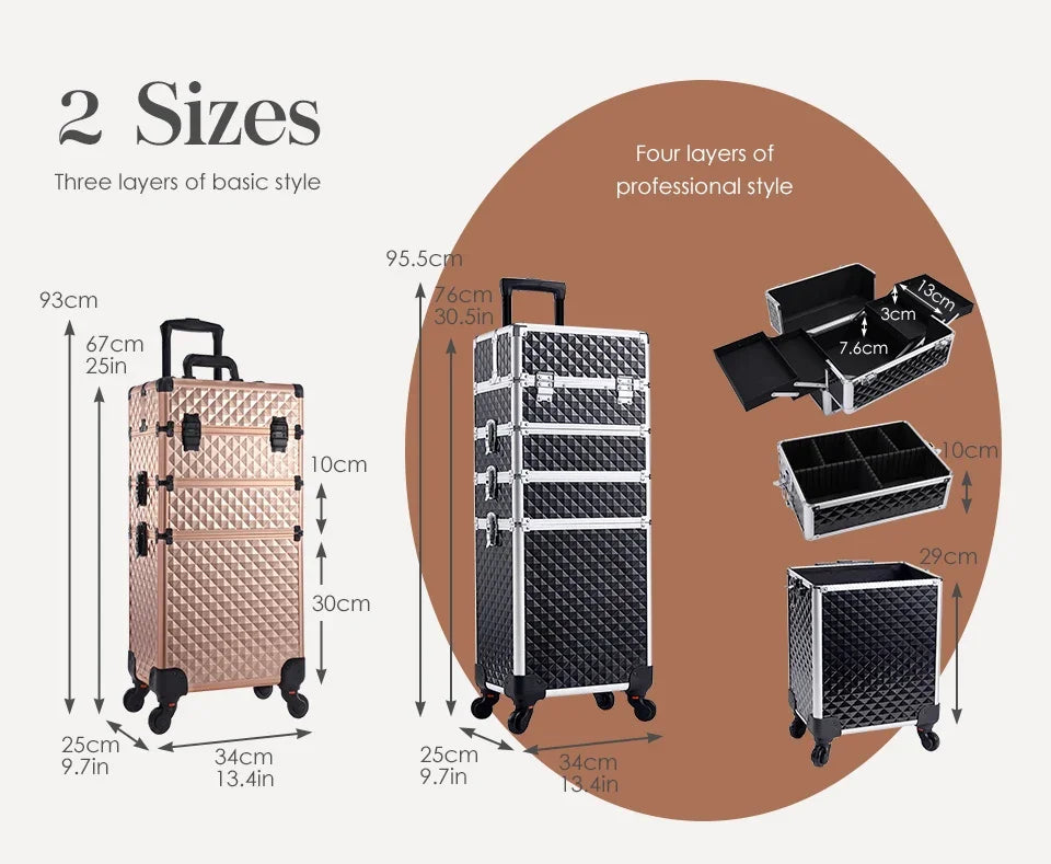 Valise maquillage 4-en-1 détachable en alliage, mallette professionnelle sur roulettes avec verrou, idéale pour le maquillage, la manucure et le rangement en grand volume.
