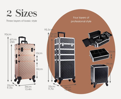 Valise maquillage 4-en-1 détachable en alliage, mallette professionnelle sur roulettes avec verrou, idéale pour le maquillage, la manucure et le rangement en grand volume.