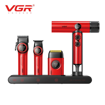 Tondeuse professionnelle VGR – Tondeuse électrique pour hommes 4-en-1, moteur BLDC 9000 RPM, rasoir et sèche-cheveux avec réglage progressif.