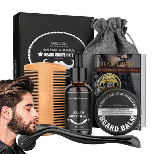 Coffret de soins pour barbe – 5 pièces : huile de croissance, peigne, sac de rangement et soins pour barbe et moustache plus épaisses.