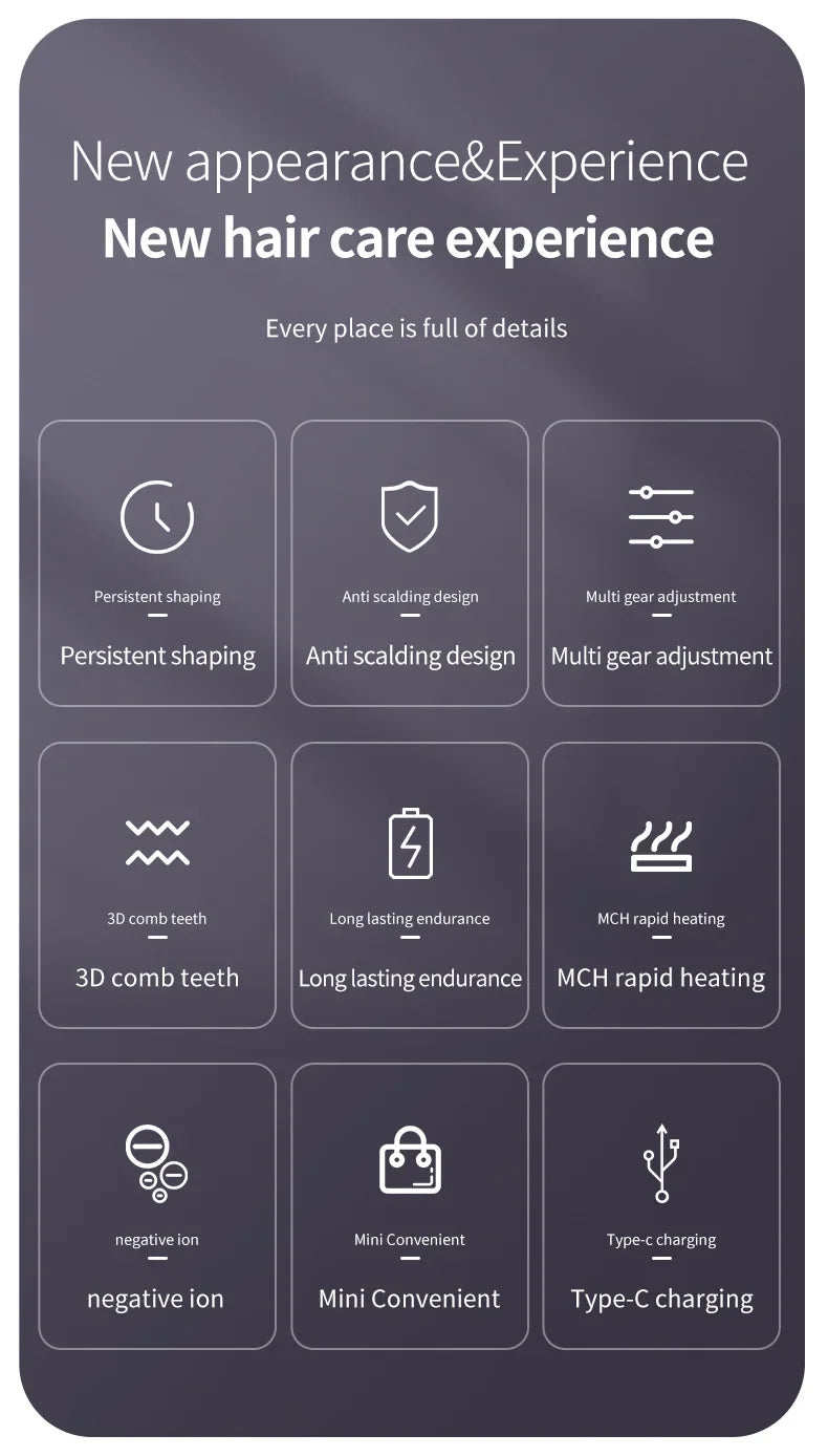 👉 brosse lissant électrique LCD USB, chauffant en céramique, sans fil et portable 💇‍♀️✨. Équipé d’ions négatifs, il offre un coiffage doux et brillant. Rechargeable, il se transforme en brosse lissante pratique et efficace où que vous soyez 🔋🌟.