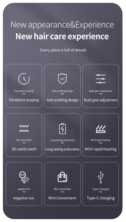 👉 brosse lissant électrique LCD USB, chauffant en céramique, sans fil et portable 💇‍♀️✨. Équipé d’ions négatifs, il offre un coiffage doux et brillant. Rechargeable, il se transforme en brosse lissante pratique et efficace où que vous soyez 🔋🌟.