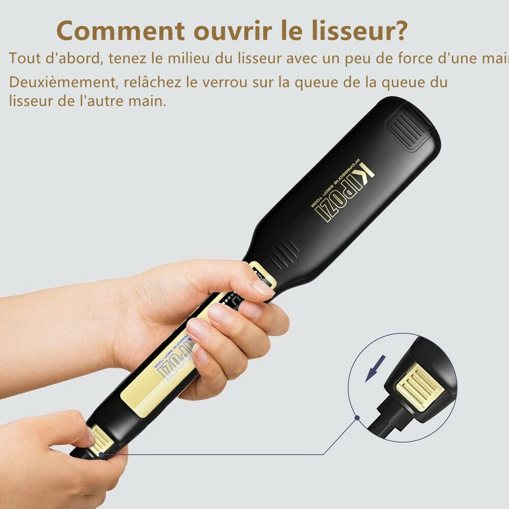 Lisseur professionnel en titane KIPOZI avec écran LCD digital, double voltage et chauffage instantané — idéal pour lisser ou boucler les cheveux. 💇‍♀️✨