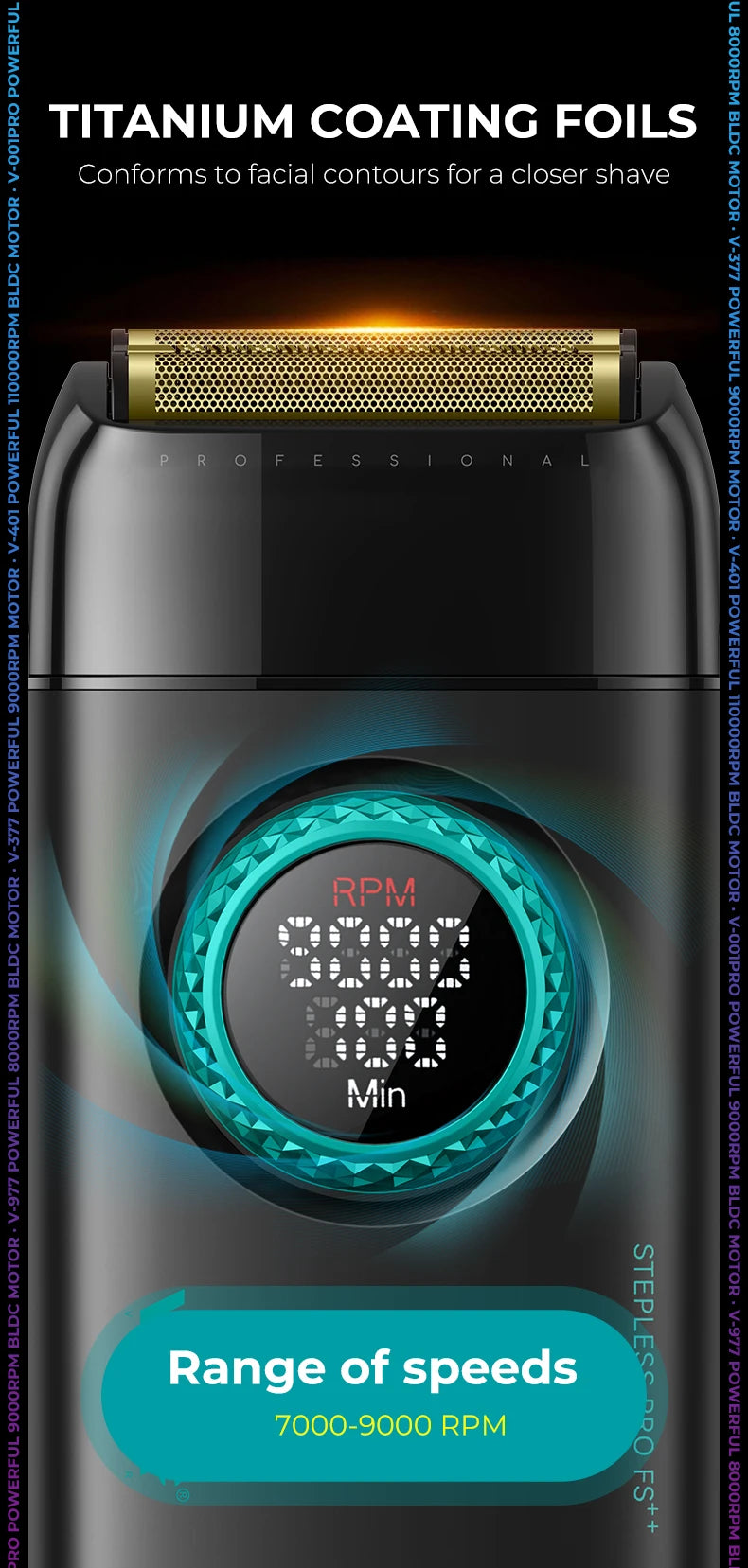 Tondeuse professionnelle VGR – Tondeuse électrique pour hommes 4-en-1, moteur BLDC 9000 RPM, rasoir et sèche-cheveux avec réglage progressif.