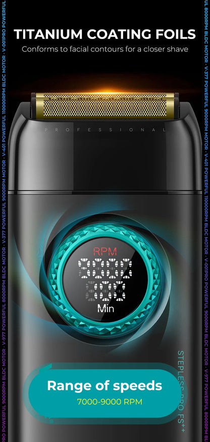 Tondeuse professionnelle VGR – Tondeuse électrique pour hommes 4-en-1, moteur BLDC 9000 RPM, rasoir et sèche-cheveux avec réglage progressif.