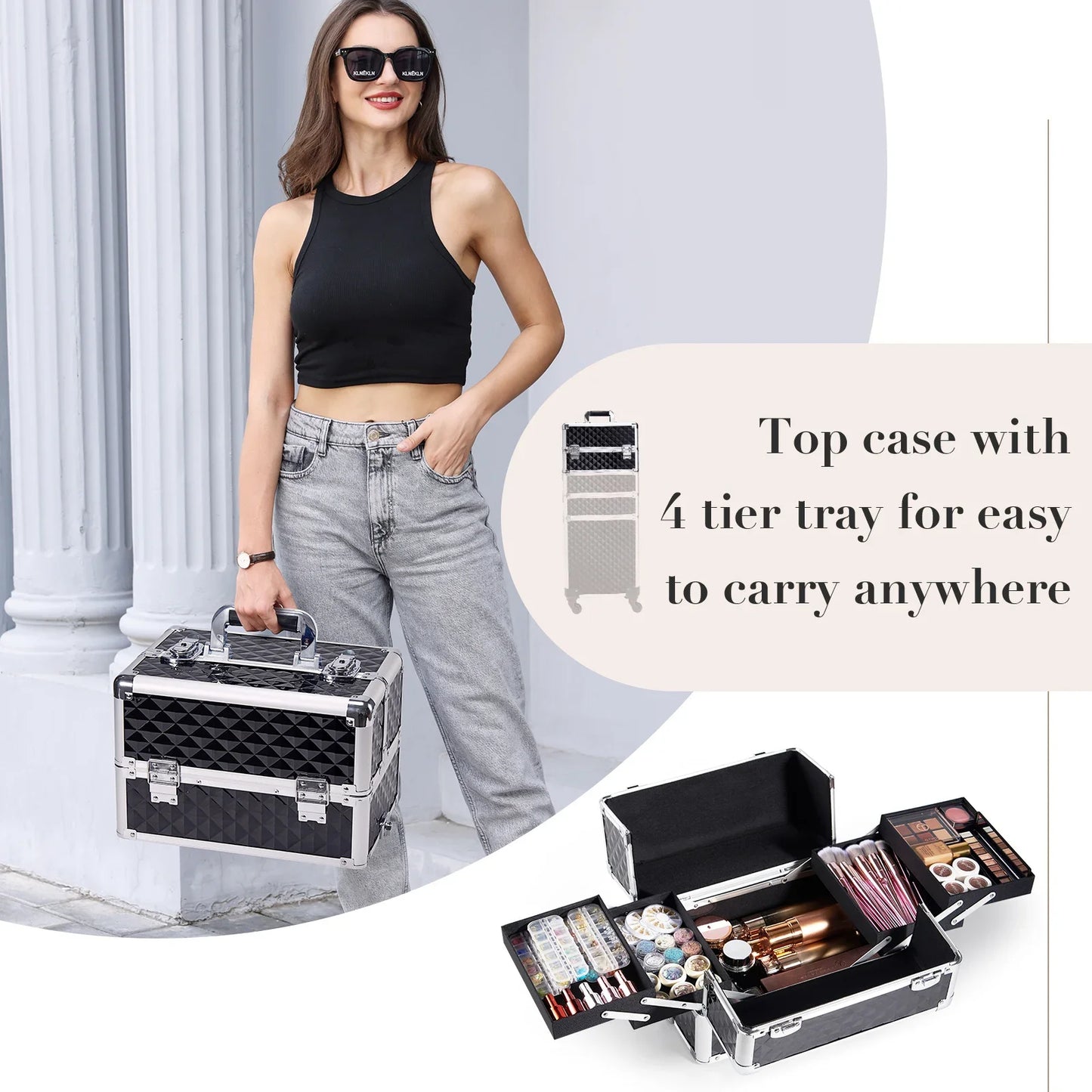 Valise maquillage 4-en-1 détachable en alliage, mallette professionnelle sur roulettes avec verrou, idéale pour le maquillage, la manucure et le rangement en grand volume.