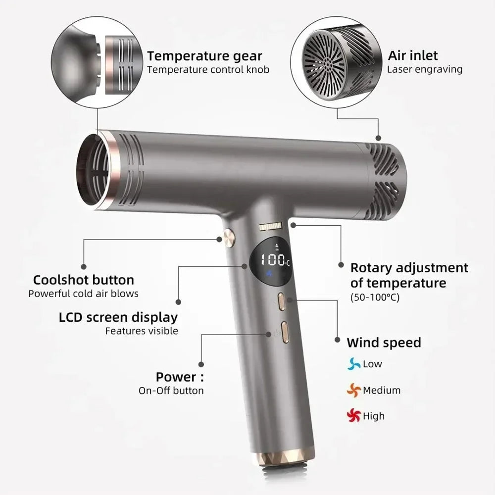 Professional Hair Dryer 10000RPM High Speed LCD Display Powerful Wind Air Temperature Control Negative Ion Styling Tools