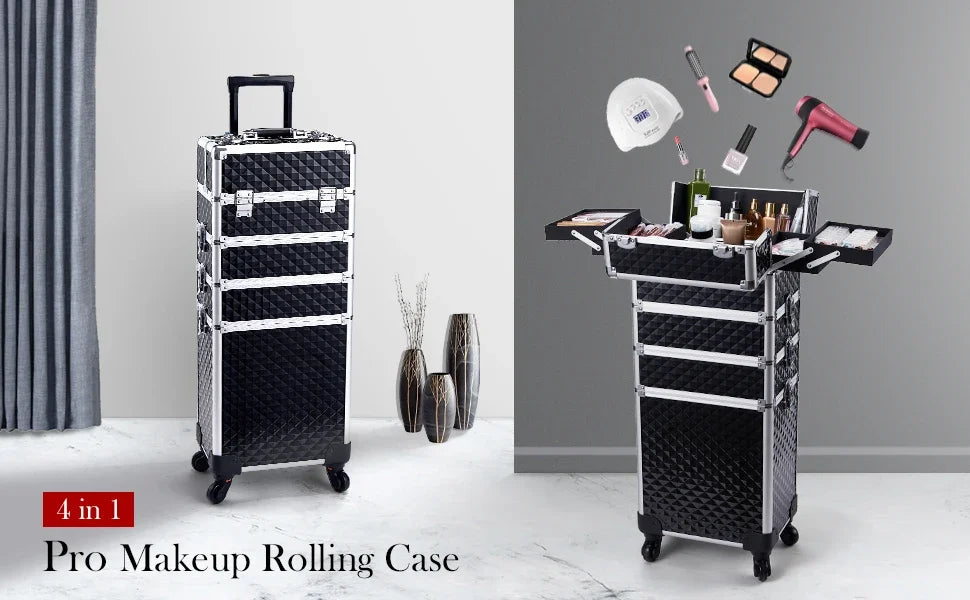 Valise maquillage 4-en-1 détachable en alliage, mallette professionnelle sur roulettes avec verrou, idéale pour le maquillage, la manucure et le rangement en grand volume.