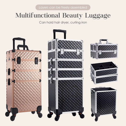 Valise maquillage 4-en-1 détachable en alliage, mallette professionnelle sur roulettes avec verrou, idéale pour le maquillage, la manucure et le rangement en grand volume.