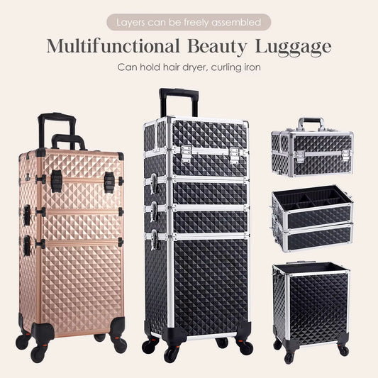 Valise maquillage 4-en-1 détachable en alliage, mallette professionnelle sur roulettes avec verrou, idéale pour le maquillage, la manucure et le rangement en grand volume.