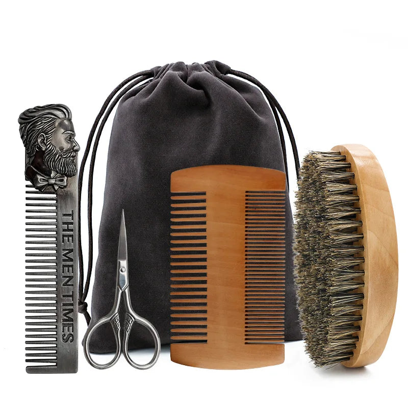 🧔✨ Kit de soin barbe 5 pièces – Brosse en poils de sanglier, peigne double face en bois, ciseaux, peigne coiffant, outils pro pour une barbe impeccable