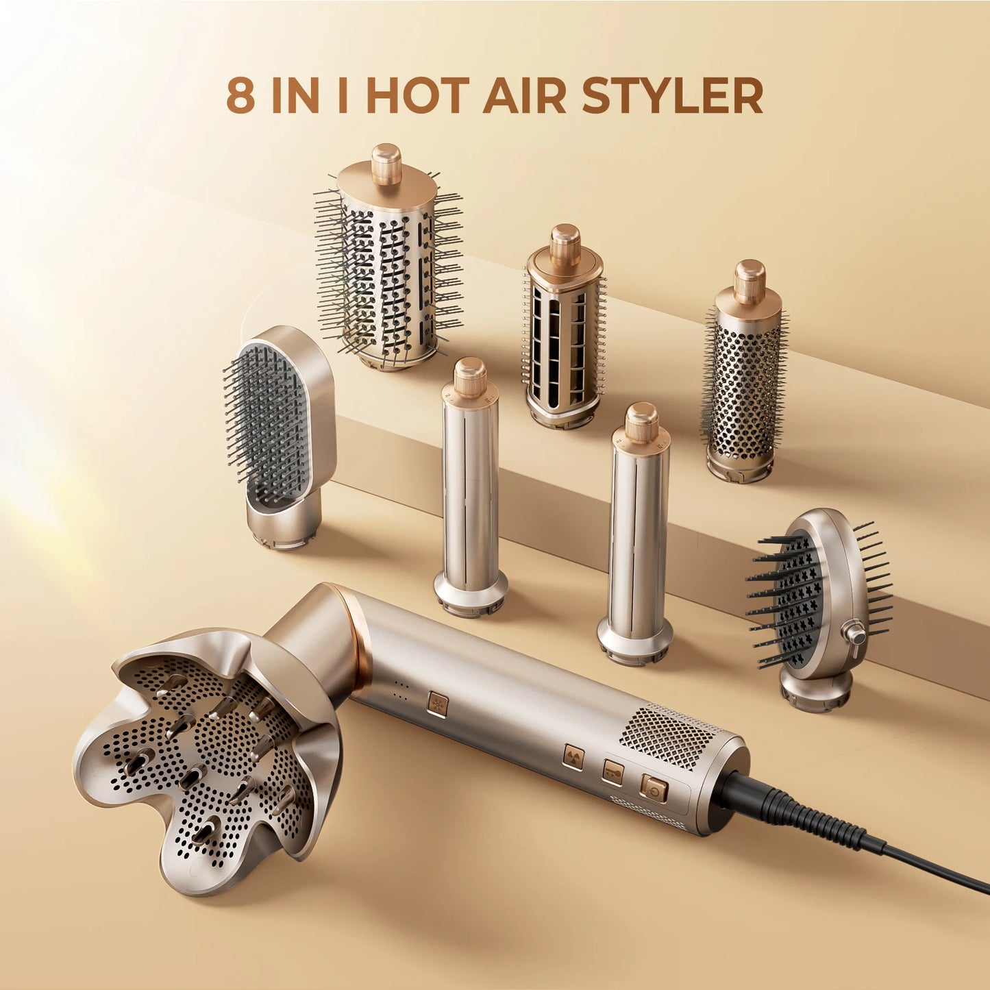 Sèche-cheveux 8-en-1 : coffret complet styler professionnel avec moteur brushless 110000 rpm et accessoires peigne.