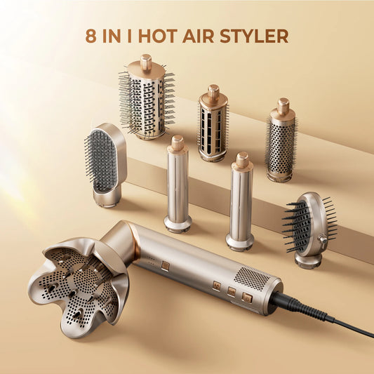 Sèche-cheveux 8-en-1 : coffret complet styler professionnel avec moteur brushless 110000 rpm et accessoires peigne.