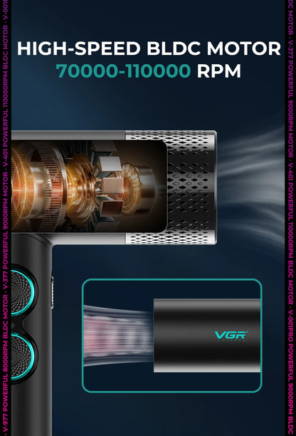 Tondeuse professionnelle VGR – Tondeuse électrique pour hommes 4-en-1, moteur BLDC 9000 RPM, rasoir et sèche-cheveux avec réglage progressif.