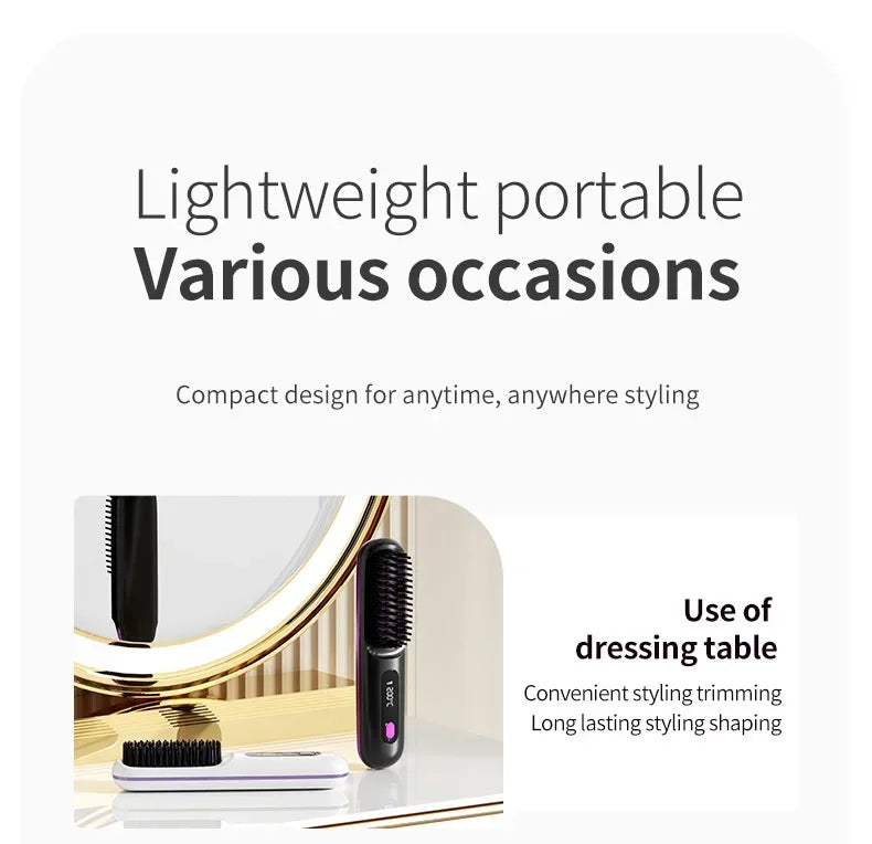 👉 brosse lissant électrique LCD USB, chauffant en céramique, sans fil et portable 💇‍♀️✨. Équipé d’ions négatifs, il offre un coiffage doux et brillant. Rechargeable, il se transforme en brosse lissante pratique et efficace où que vous soyez 🔋🌟.