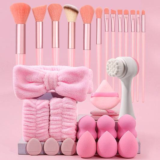 Kit complet beauté 29 pièces ✨ Inclut 13 pinceaux maquillage, 12 éponges, une brosse nettoyante visage, un serre-tête et des poignets anti-gouttes 💖💄🧽🧖‍♀️