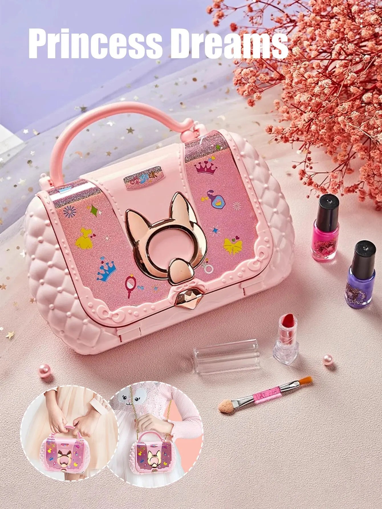 Kit de maquillage pour enfants – Petite trousse beauté avec accessoires lavables, jeu d’imitation non toxique et sûr, idéal comme cadeau d’anniversaire pour petite fille.