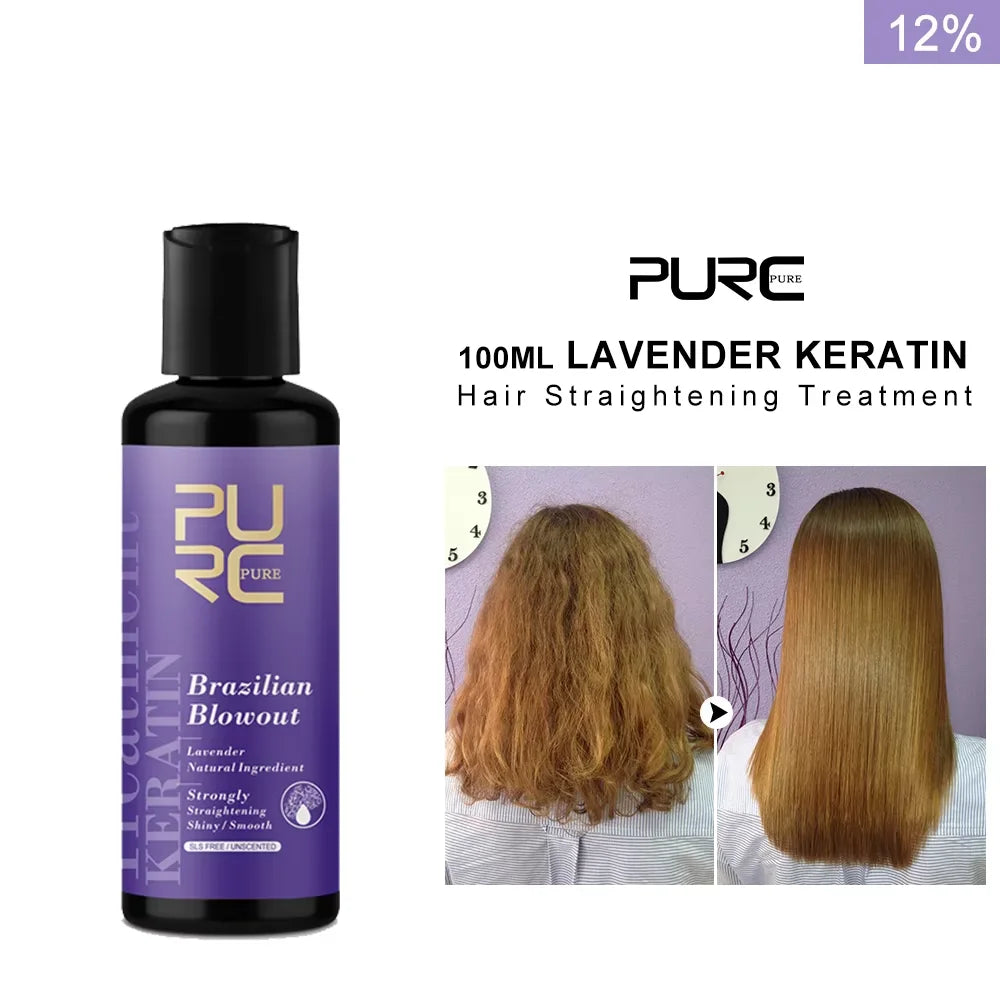 PURC Crème Lissante pour Cheveux Bouclés – Traitement à la Kératine Brésilienne Professionnel 12% à la Lavande, Soin Lissant et Nourrissant pour Salon