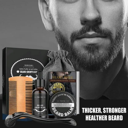Coffret de soins pour barbe – 5 pièces : huile de croissance, peigne, sac de rangement et soins pour barbe et moustache plus épaisses.