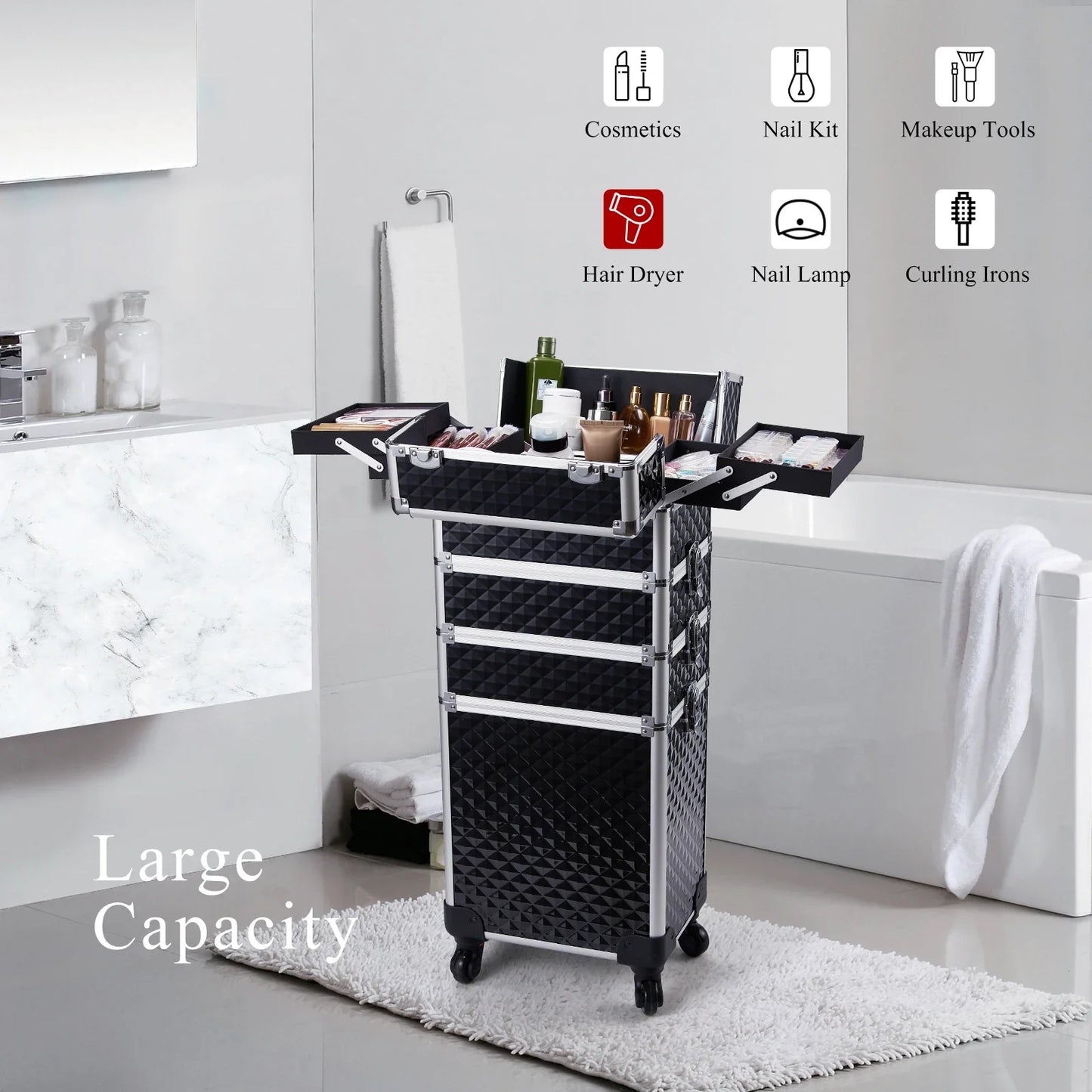 Valise maquillage 4-en-1 détachable en alliage, mallette professionnelle sur roulettes avec verrou, idéale pour le maquillage, la manucure et le rangement en grand volume.