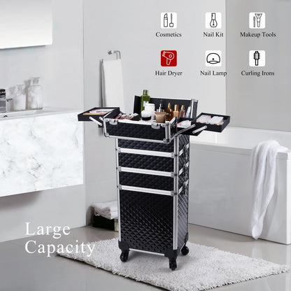Valise maquillage 4-en-1 détachable en alliage, mallette professionnelle sur roulettes avec verrou, idéale pour le maquillage, la manucure et le rangement en grand volume.